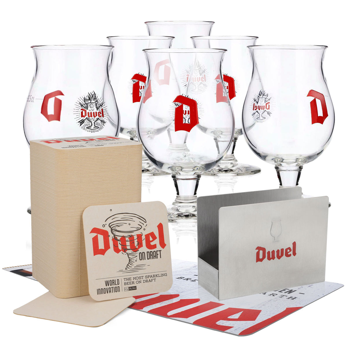 Duvel Beer Bar Bundle Set II consisting of 6x beer glasses 0.16l and 100x beer coasters with holder