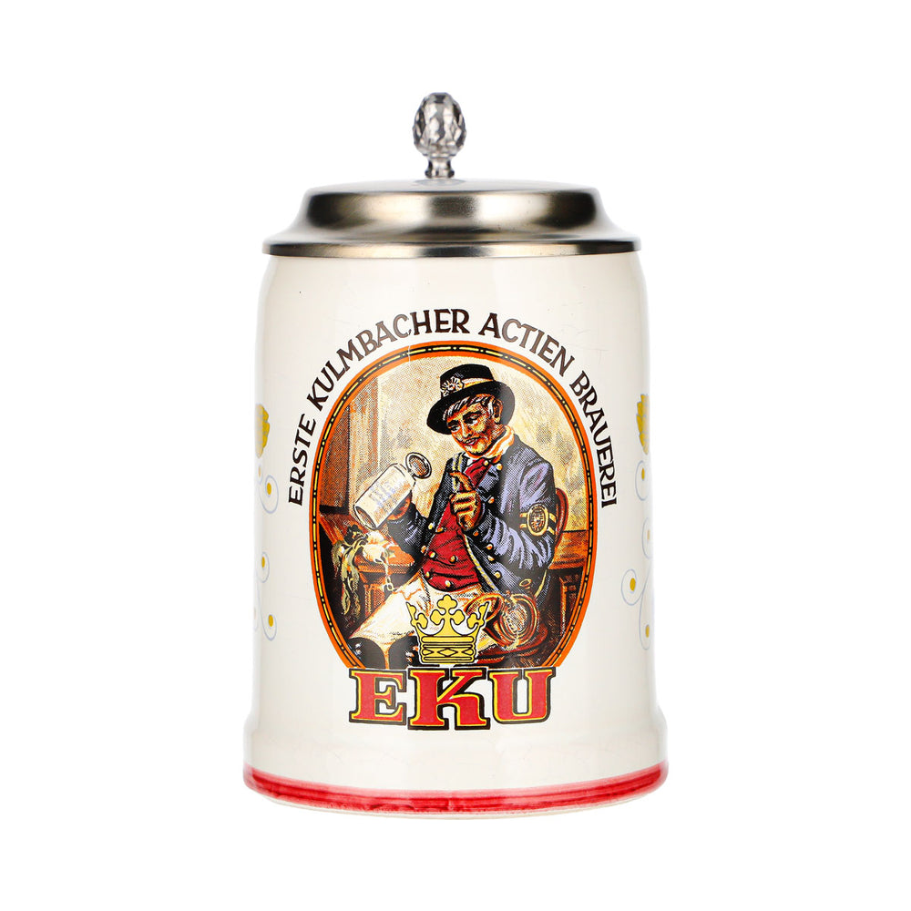 Eku Beer Mug, Pewter Lid, Glass, First Kulmbacher Joint-Stock Brewery, Ceramic