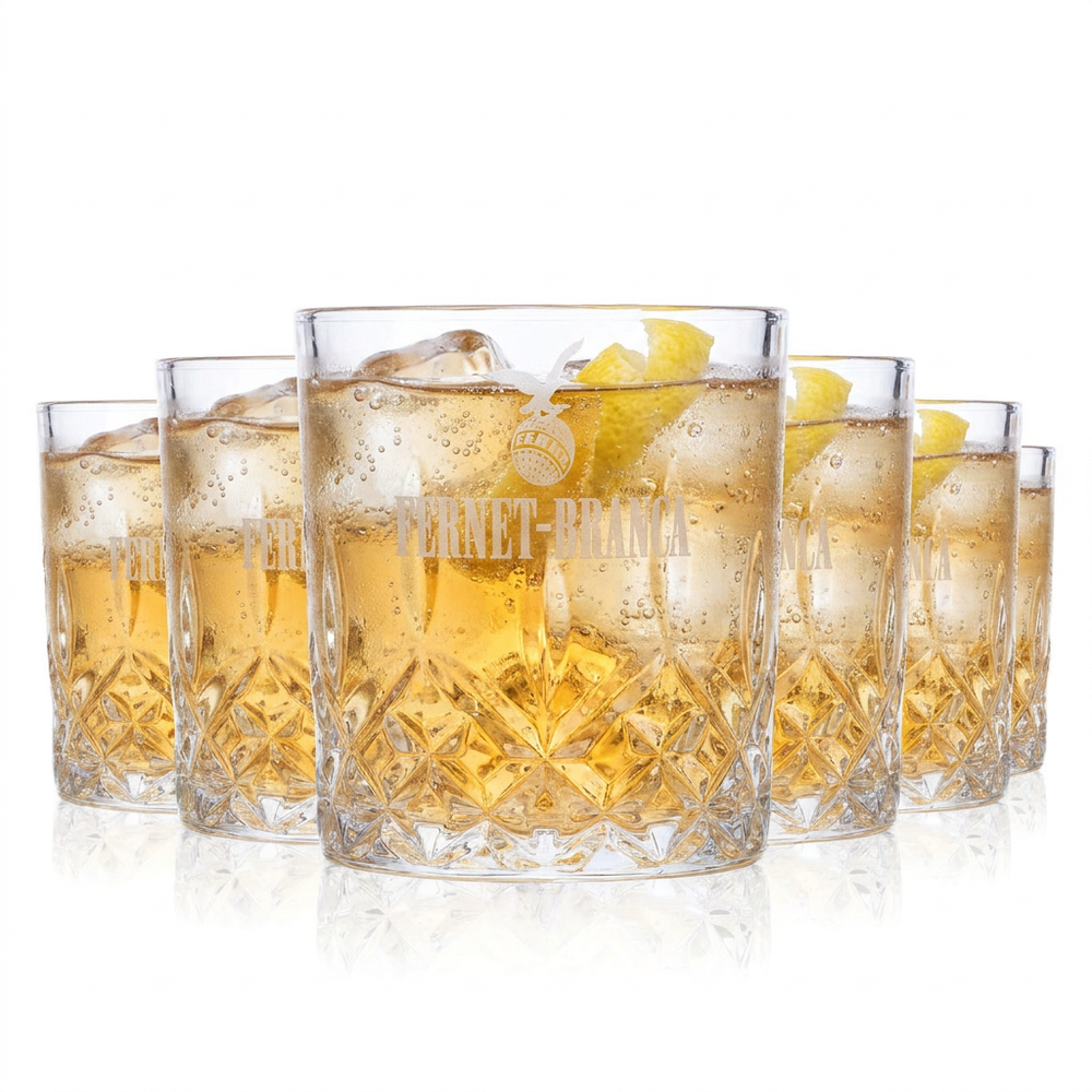 Fernet Branca Glasses, Set of 6 – 0.24-liter Tumblers with Crystal Relief for Fernet Tonic, Digestifs, and Cocktails