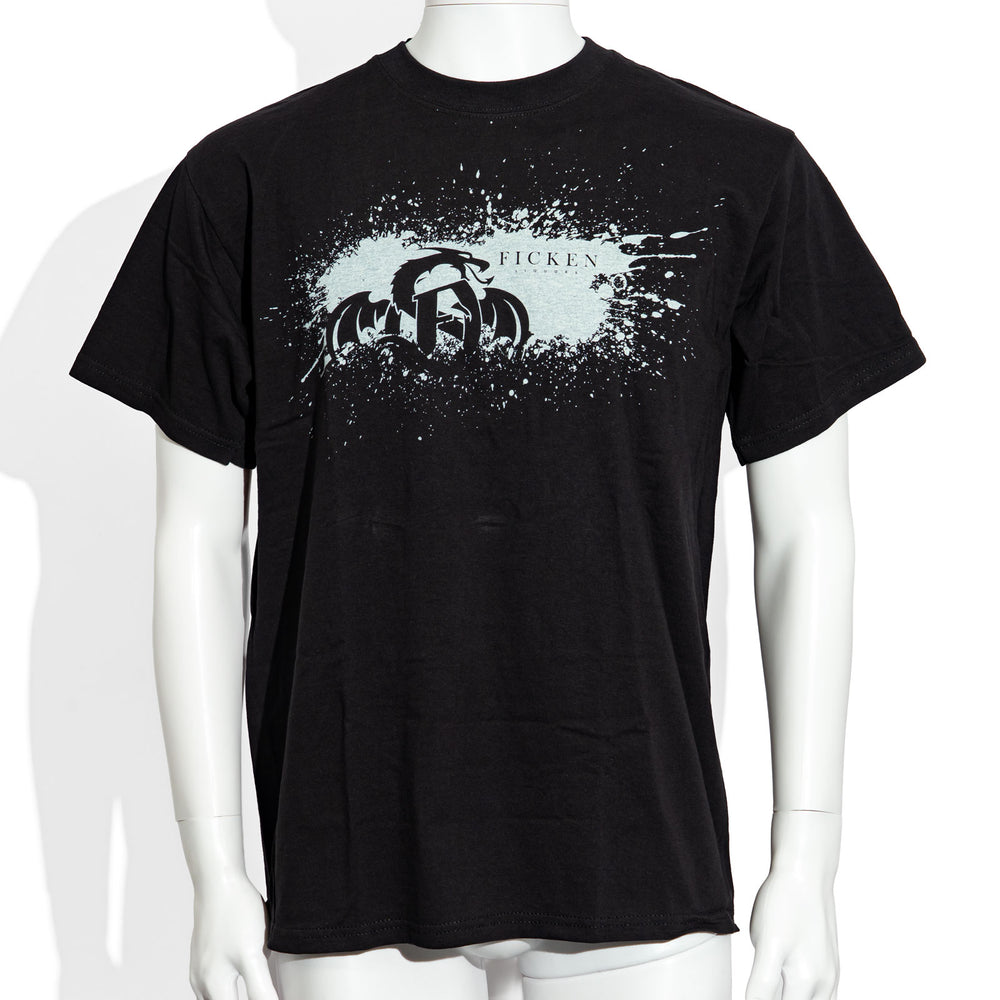 Ficken Liqueur Glass Black Dragon Motif Silver Print Size L Cotton T-Shirt