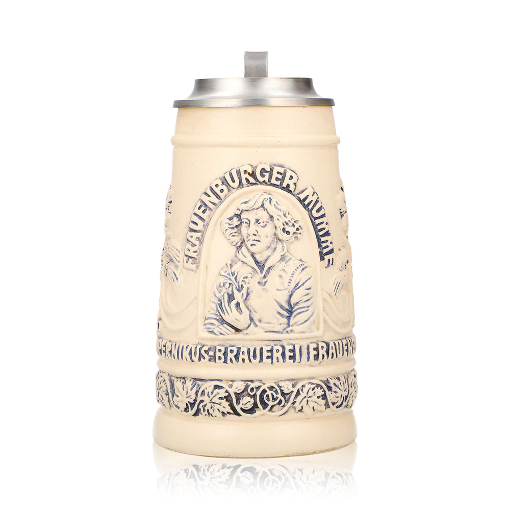 Frauenburg "Mumme" Beer Glass Clay Jug, 0.74 L, with Pewter Lid and Copernicus Relief