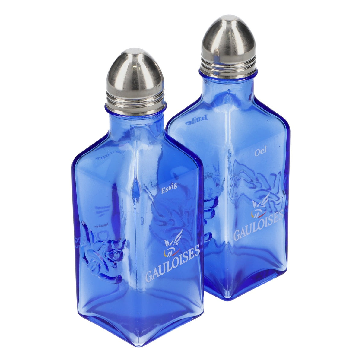 Gauloises Cigarettes Glass Oil and Vinegar Bottle Set Menagenset Blue