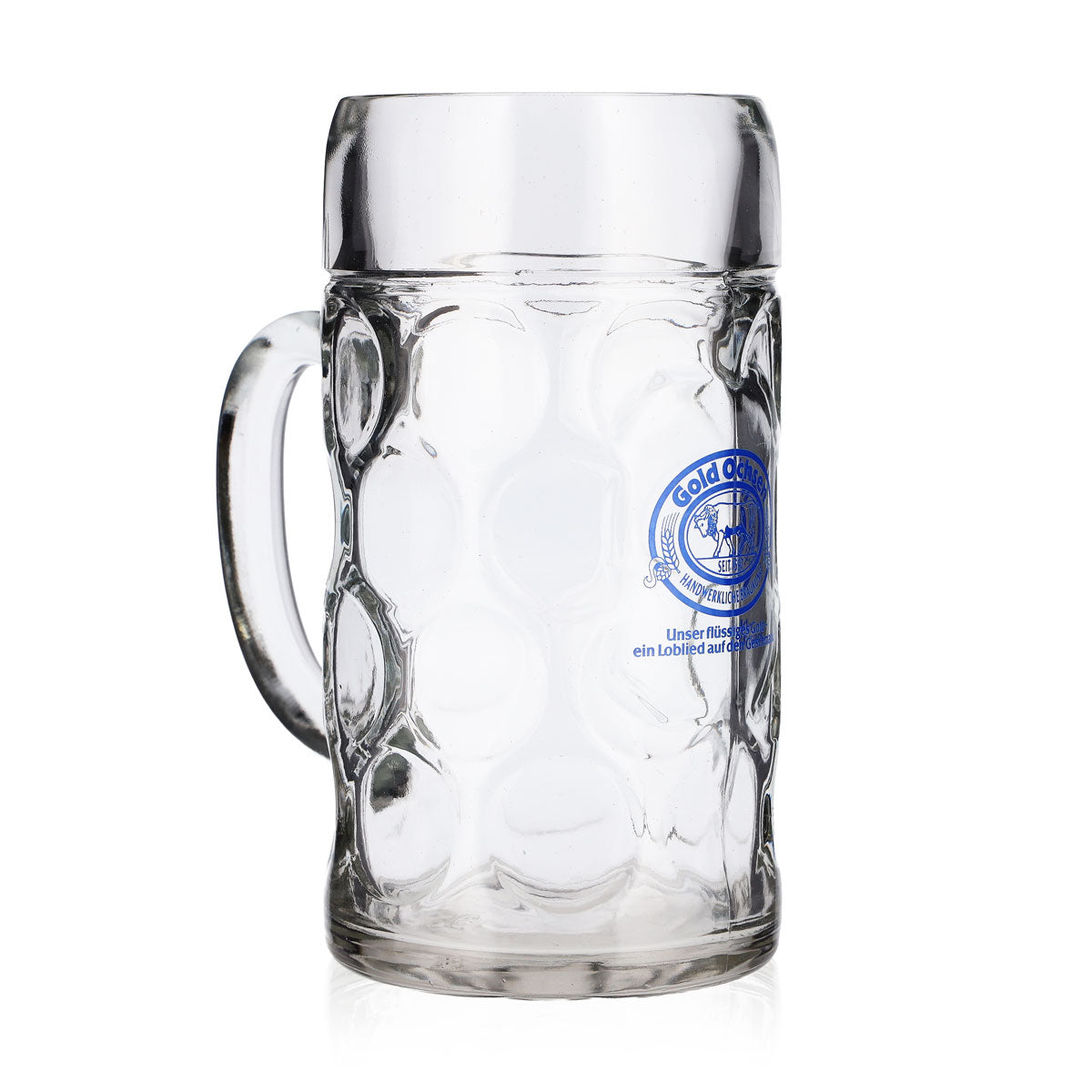 Gold Ochsen Beer Glass, 1-Liter Jug, Blue Logo – View 2