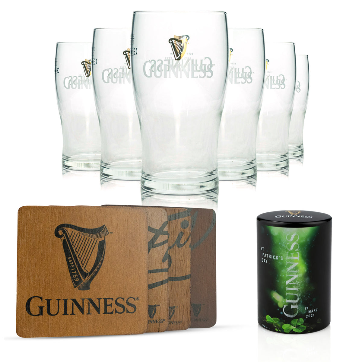 Guinness Beer Bar Bundle Set consisting of beer glasses, coasters, and bottle opener
