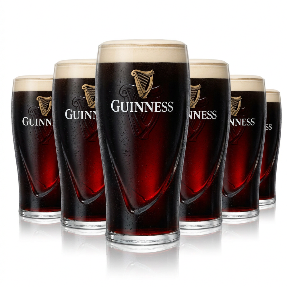 Guinness Glasses, Set of 6, 0.5 L Gravity Pint Glass with Harp Relief, Irish Stout