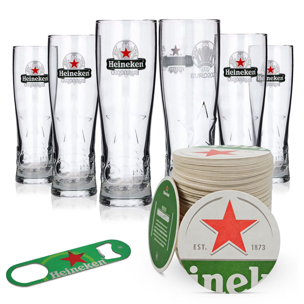 Heineken Beer Bar Bundle Set I consisting of 6x beer glasses 0.25l, 100 beer coasters, bottle opener