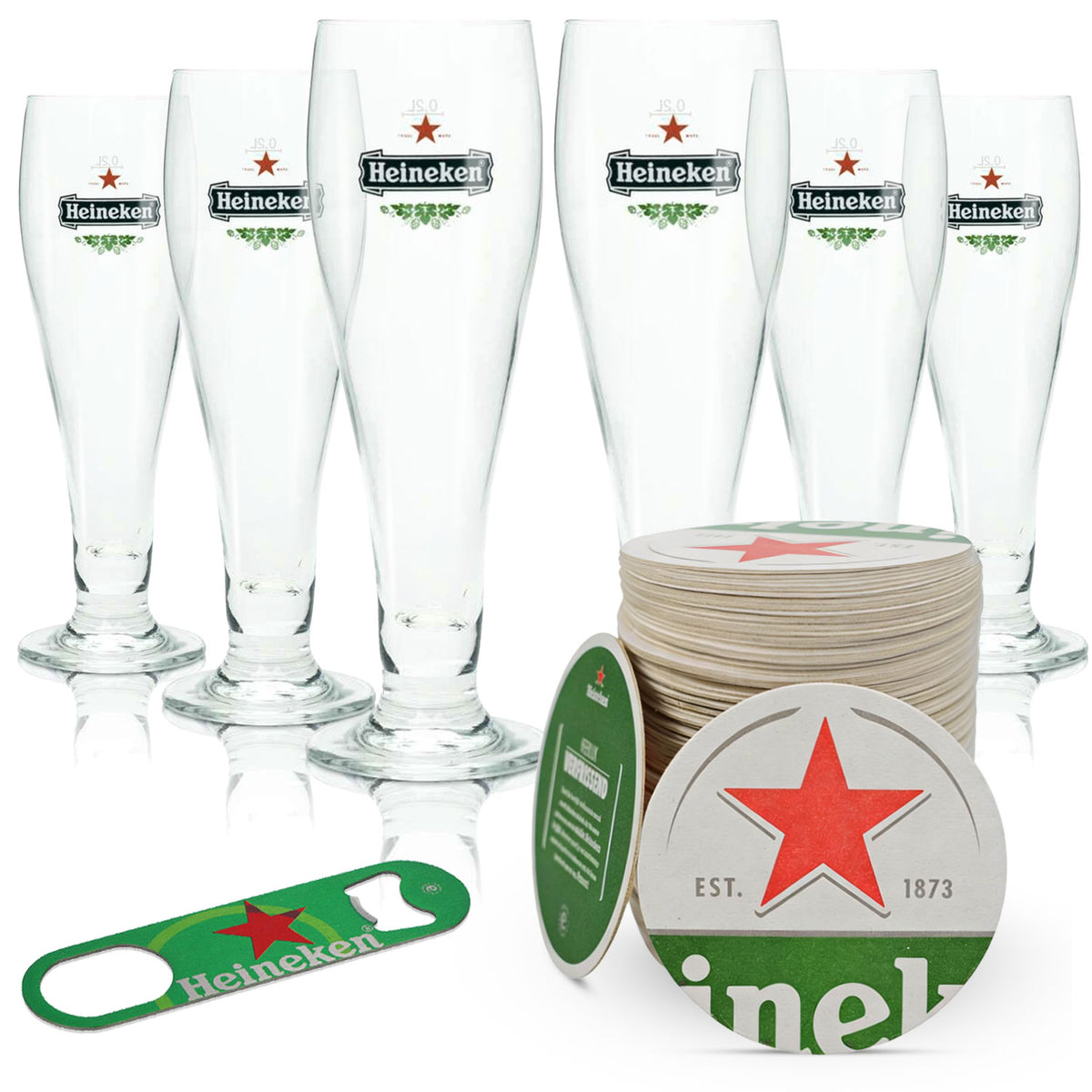 Heineken Beer Bar Bundle Set I consisting of 6x beer glasses 0.2l, 100 beer coasters, bottle opener