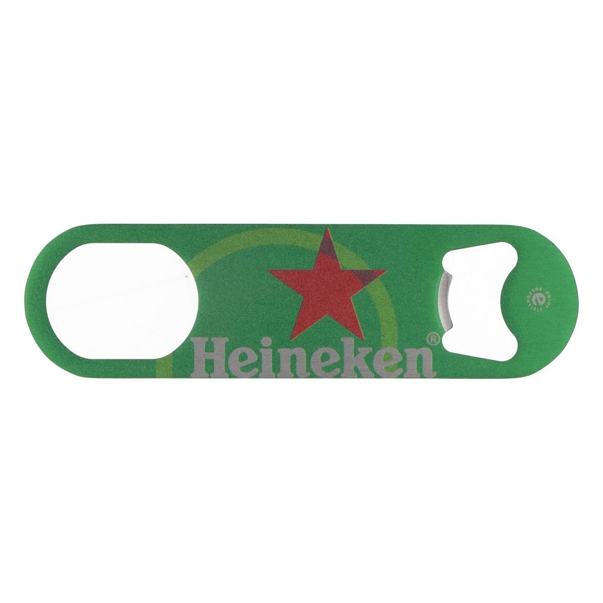 Heineken beer bottle opener, cap lifter, bar accessory, green, elongated opening – View 2