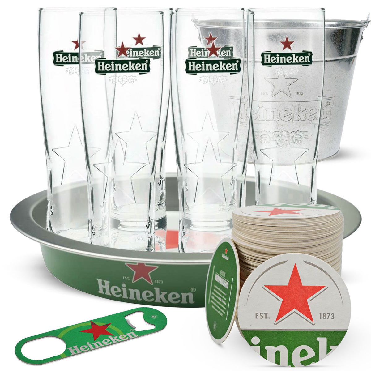 Heineken Party Bundle Set I consisting of beer glasses, ice bucket, tray, lid, and bottle opener