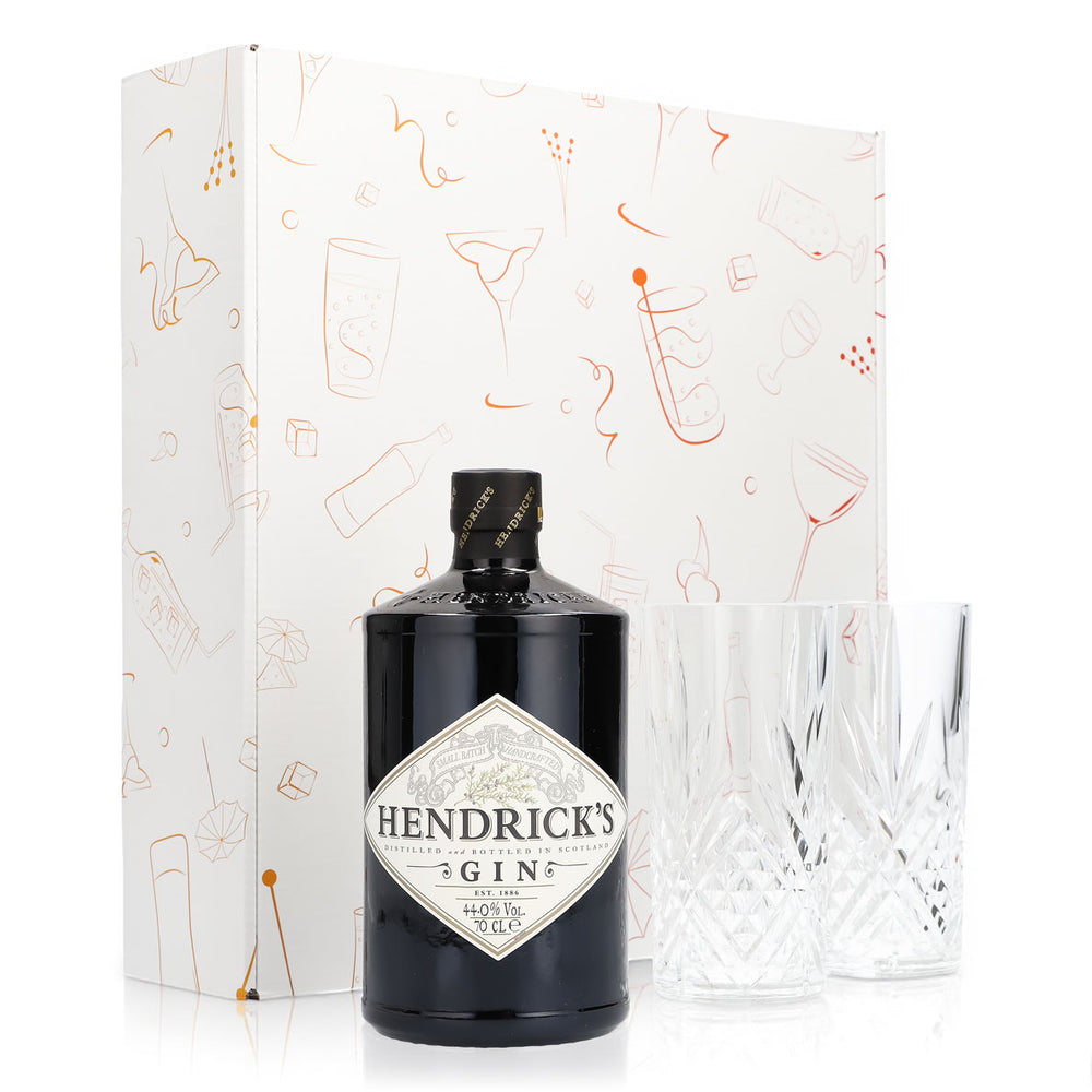 Hendricks Gin Geschenkset 0,7l Flasche 44,0 % Vol. + Longdrinkgläser Relief–Weiß