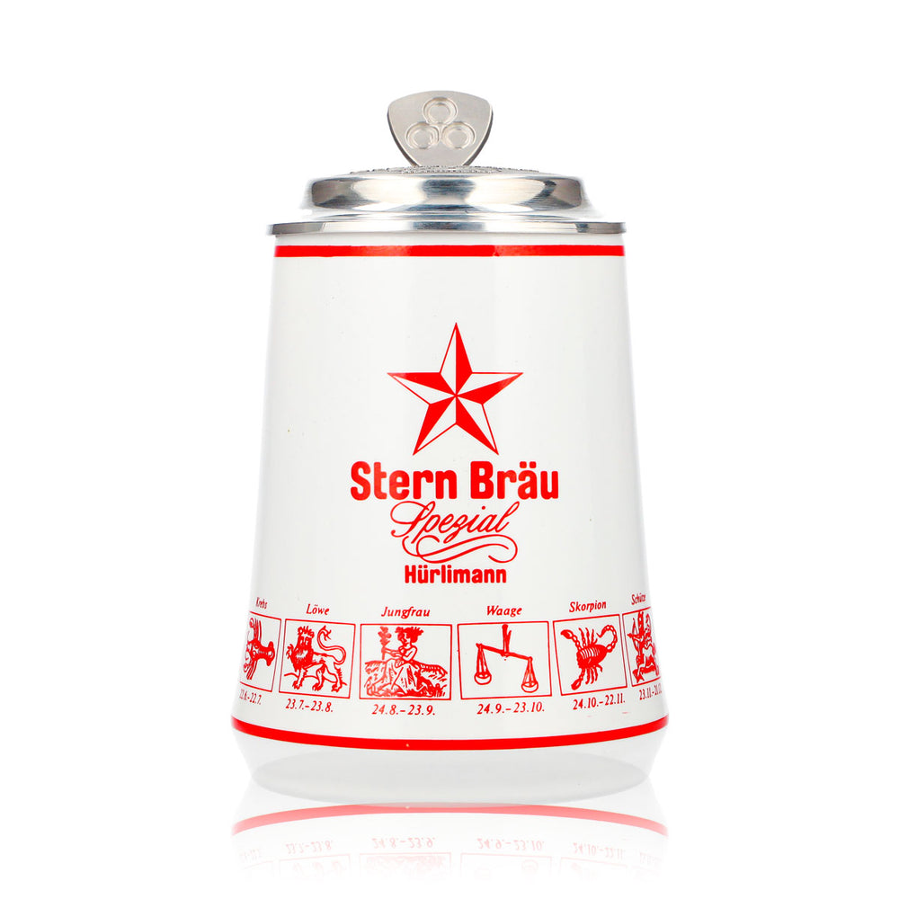 Hürlimann Sternbräu Beer Glass Earthenware Jug 0.62 L with Pewter Lid Featuring Zodiac Sign Relief