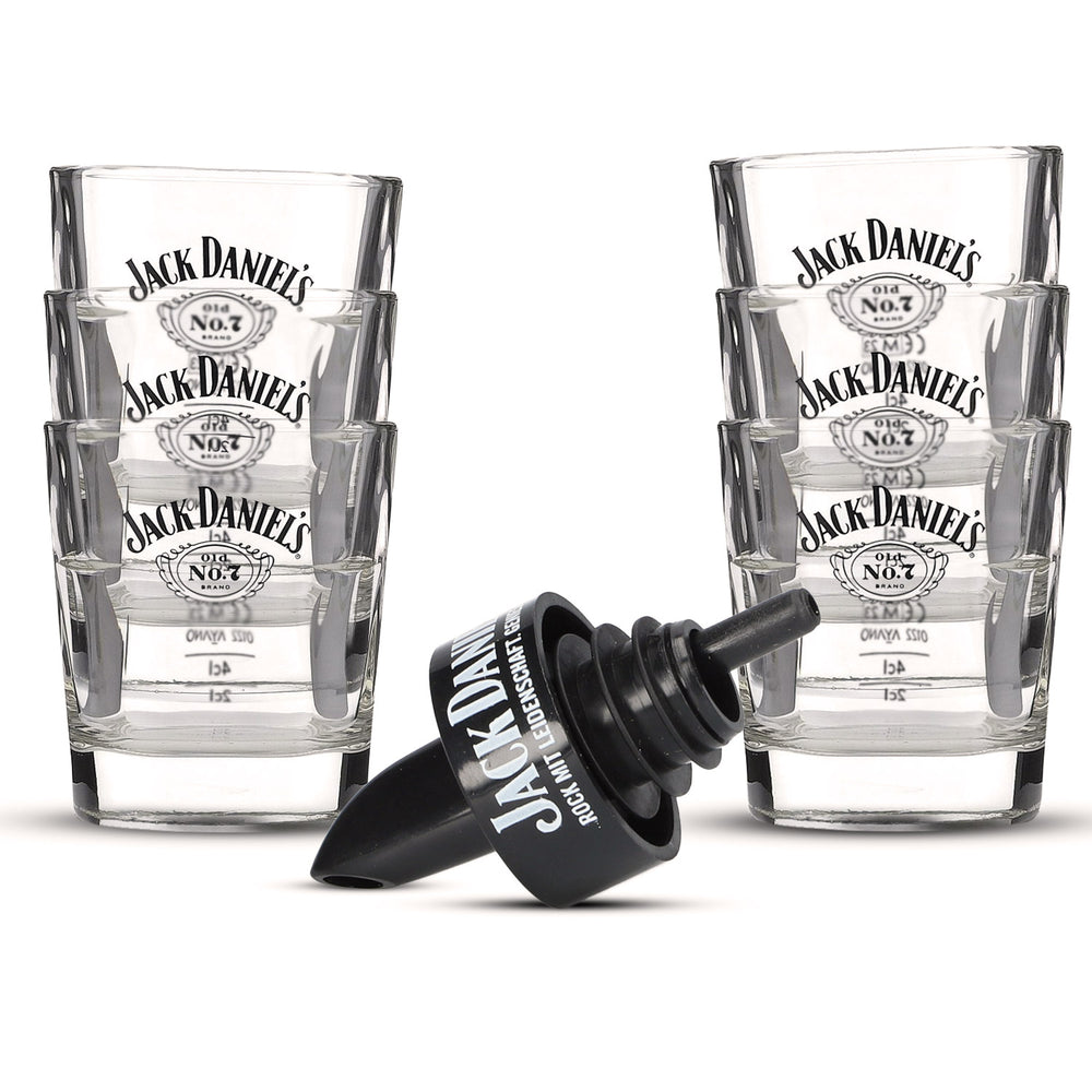 Jack Daniels Bar Bundle Set I consisting of 6x glass tumblers and a bottle pourer