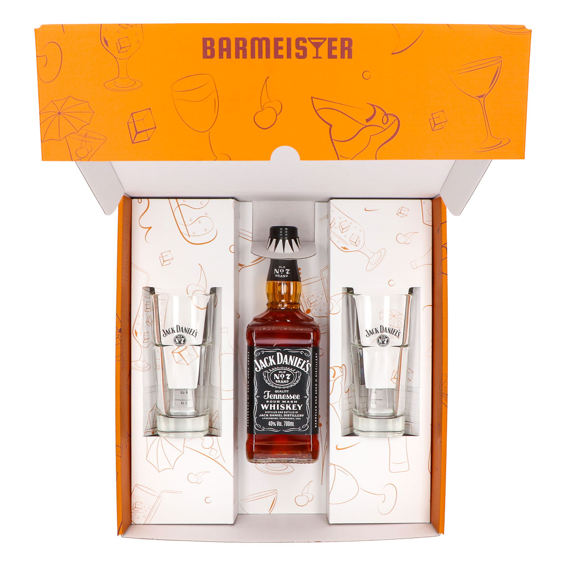 Jack Daniels Geschenkset 0,7l Flasche 40,0 % Vol. + Longdrinkgläser stapelbar–Orange – Ansicht 5