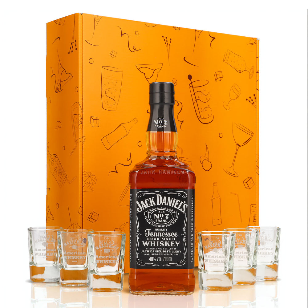 Jack Daniels Geschenkset 0,7l Flasche 40,0 % Vol. + Shotgläser MOAW–Orange