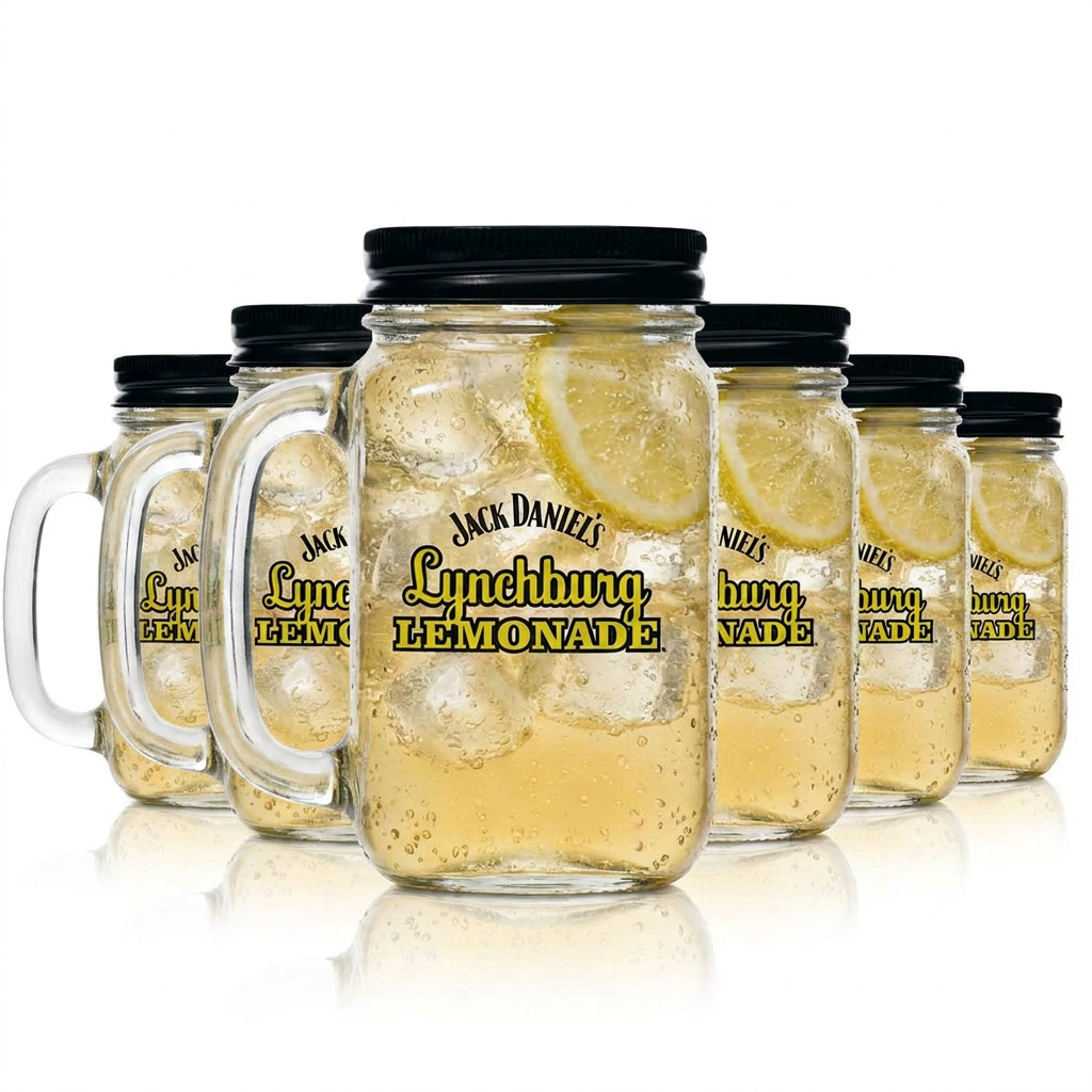 Jack Daniels Lynchburg Lemonade Glasses, Set of 6, Mason Jar, 0.48 L, with Handle and Lid