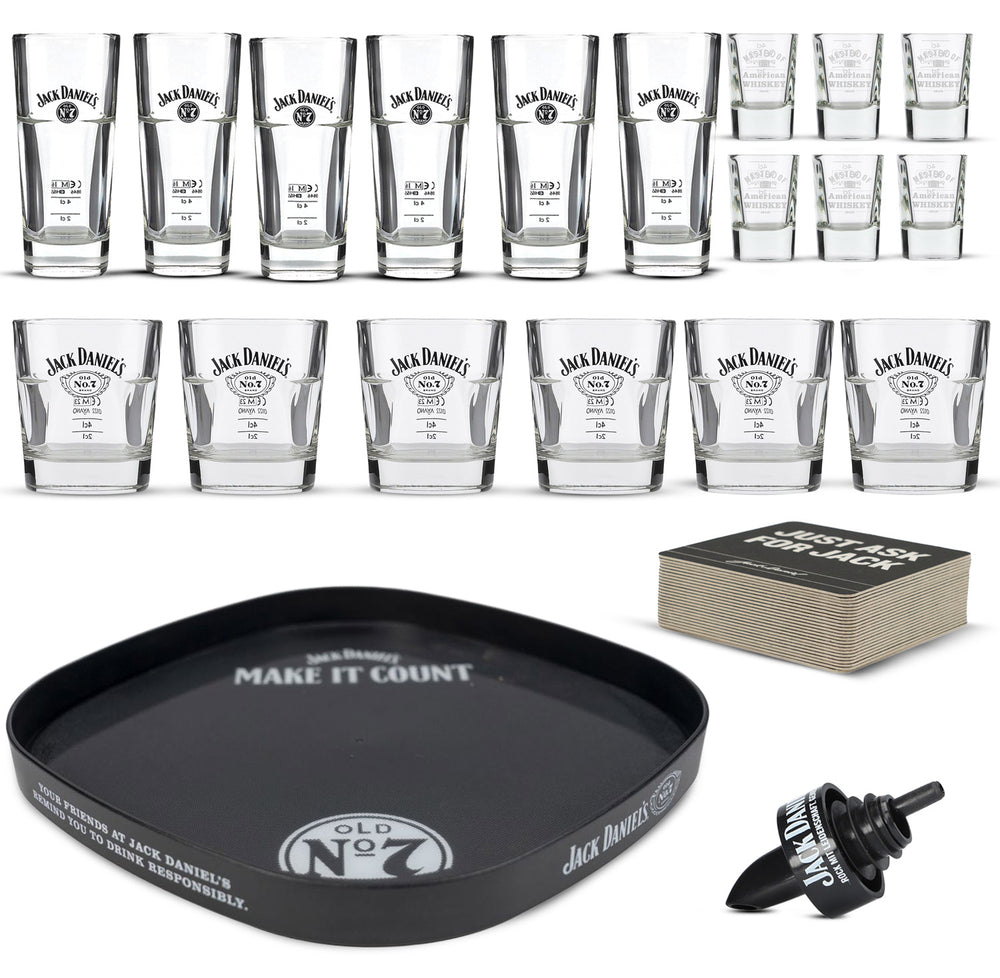 Jack Daniels Party Bundle Set consisting of LD glass shot glass, tumbler, tray, and pourer