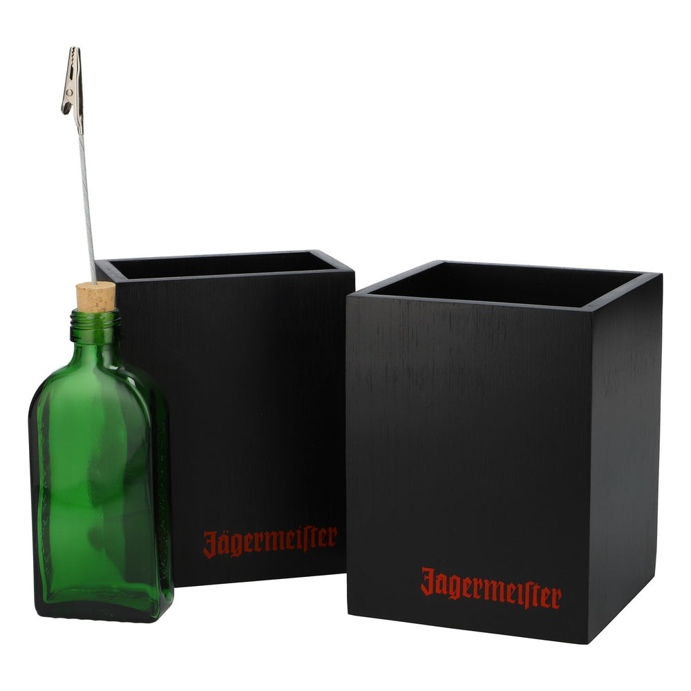 Jägermeister Display Kit: Table Assembly Set, 2 Wooden Boxes, 6 Bottles, Clips, Corks