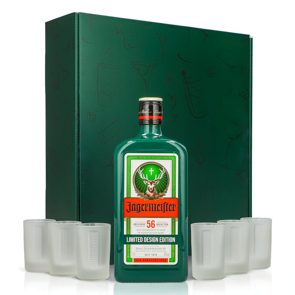 Jägermeister Geschenkset 0,7l Flasche 35,0 % Vol. + Shotgläser Weiß–Grün