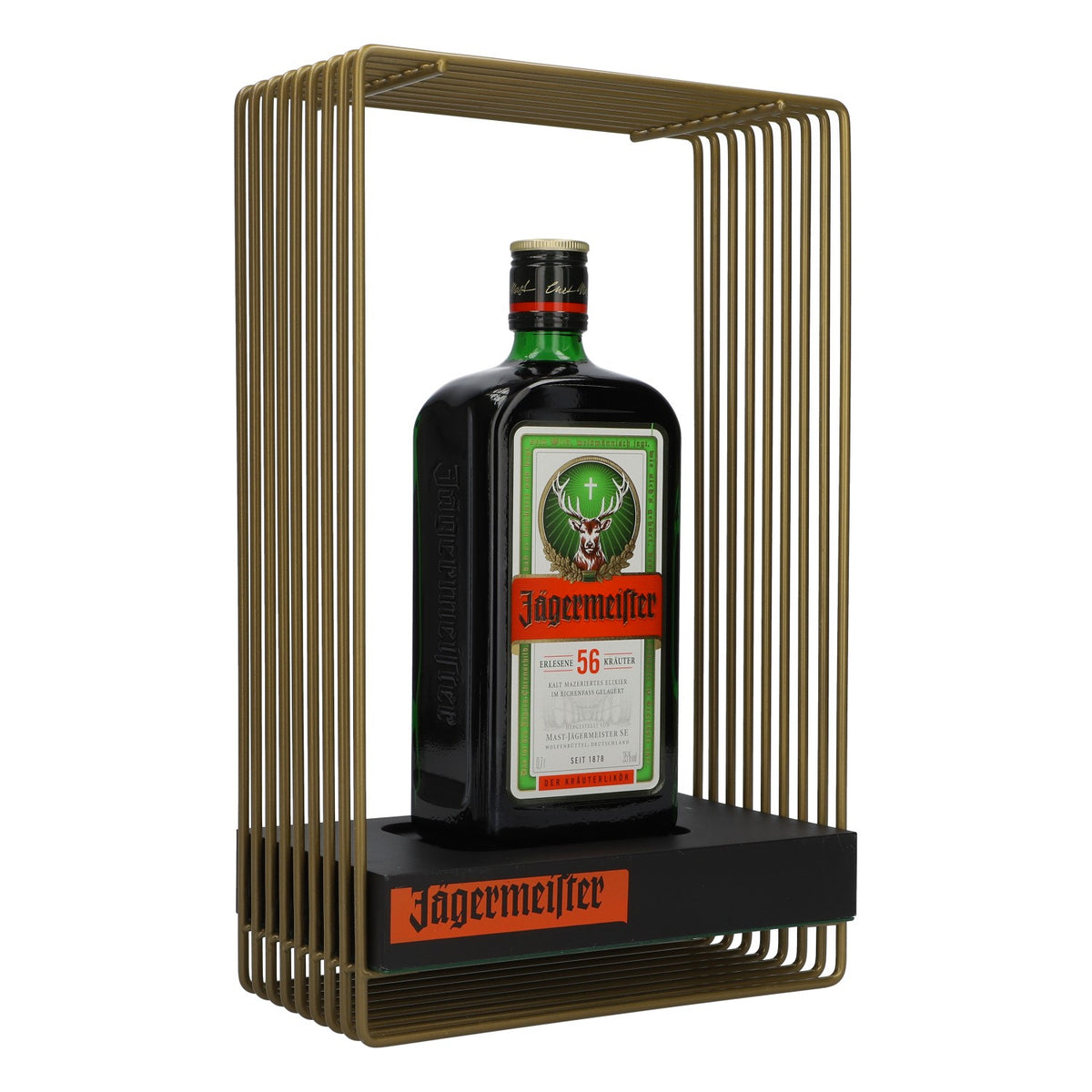 Jägermeister liqueur bottle holder, aluminum cage, plastic base, 0.7-1l bottle