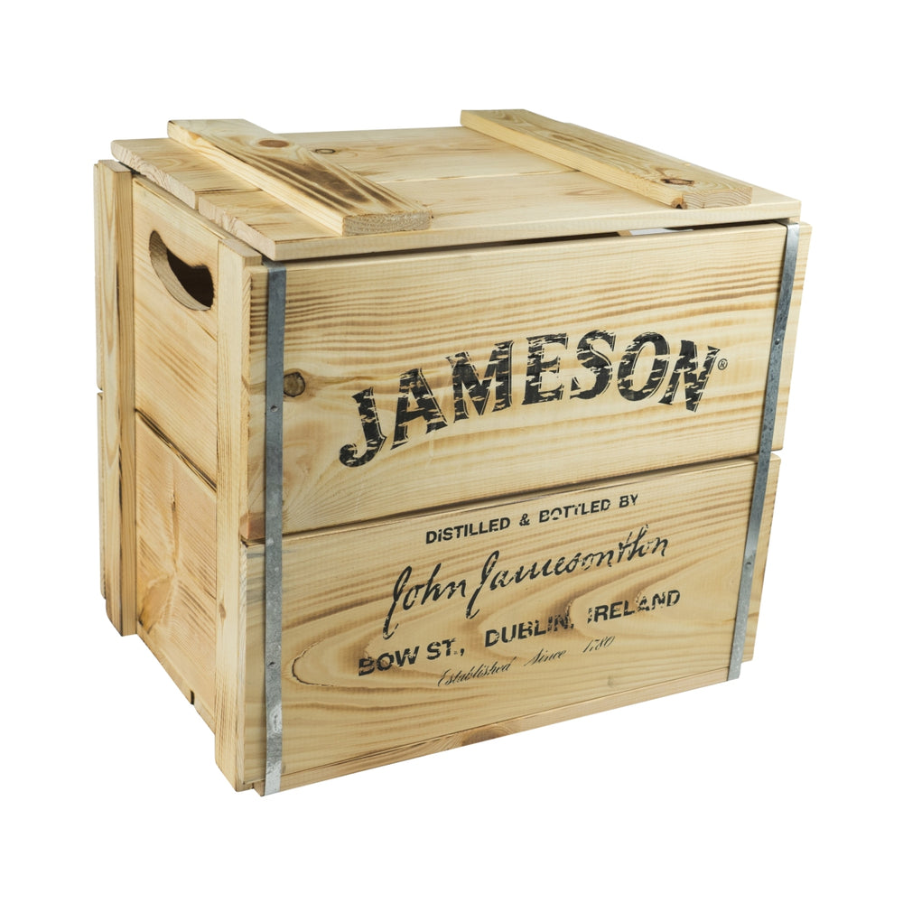 Jameson wooden box chest with hinged lid, 42 x 30 x 39 cm, stool box, Irish whiskey