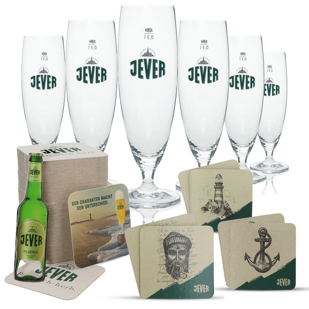 Jever Beer Bar Bundle Set consisting of goblet glasses, bottle opener set, and beer coasters