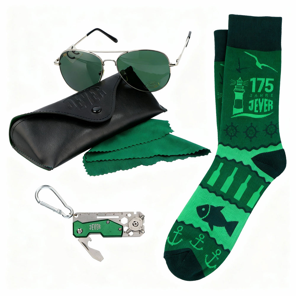 Jever Beer Leisure Bundle Set consisting of sunglasses, socks, and multi-tool / gift