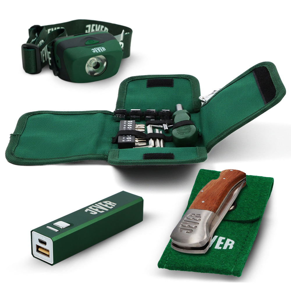 Jever Beer Outdoor Bundle Set consisting of headlamp, tool, pocket knife, etc.