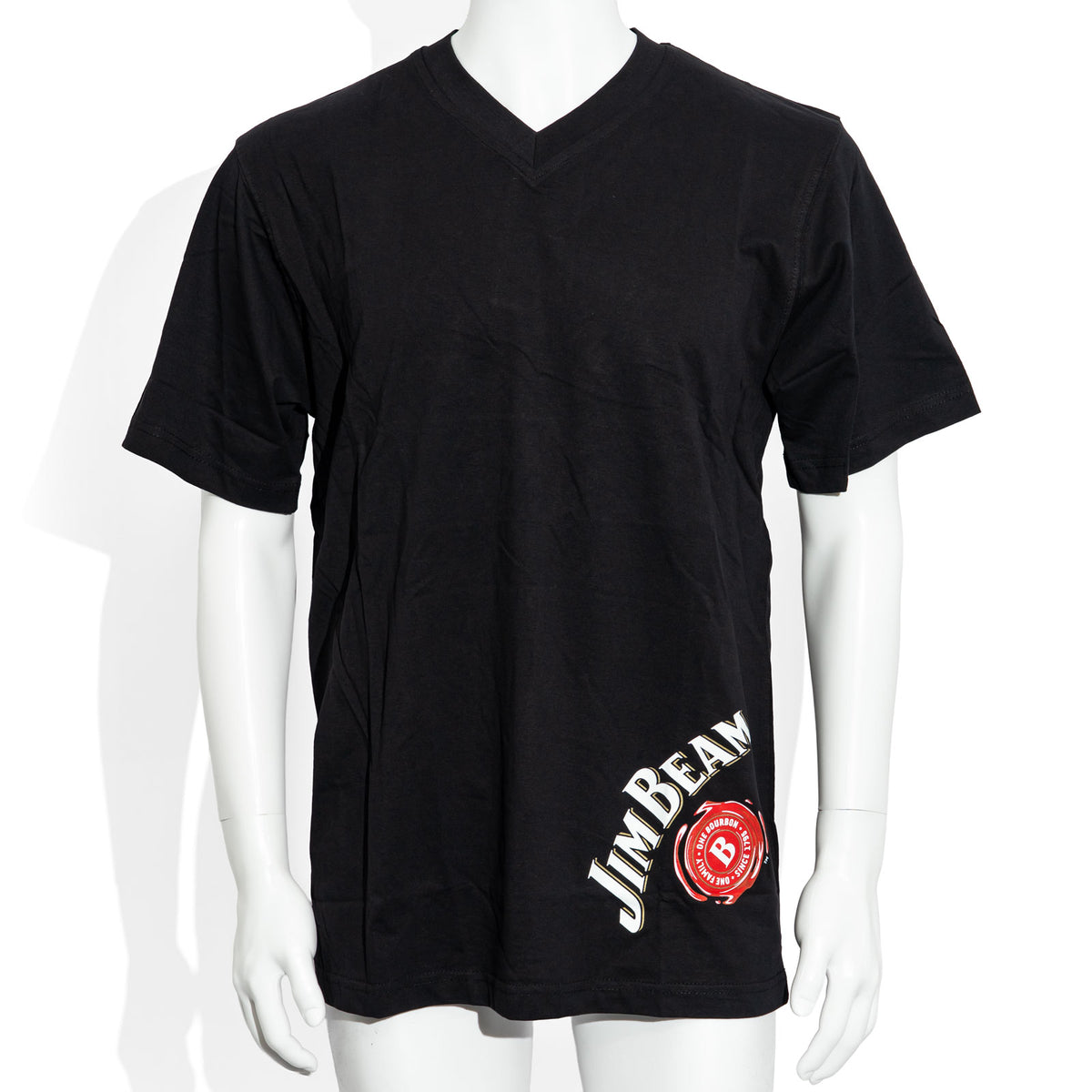 Jim Beam Whiskey T-Shirt, V-neck, Logo at the Bottom Front, Size XL, Black, Cotton