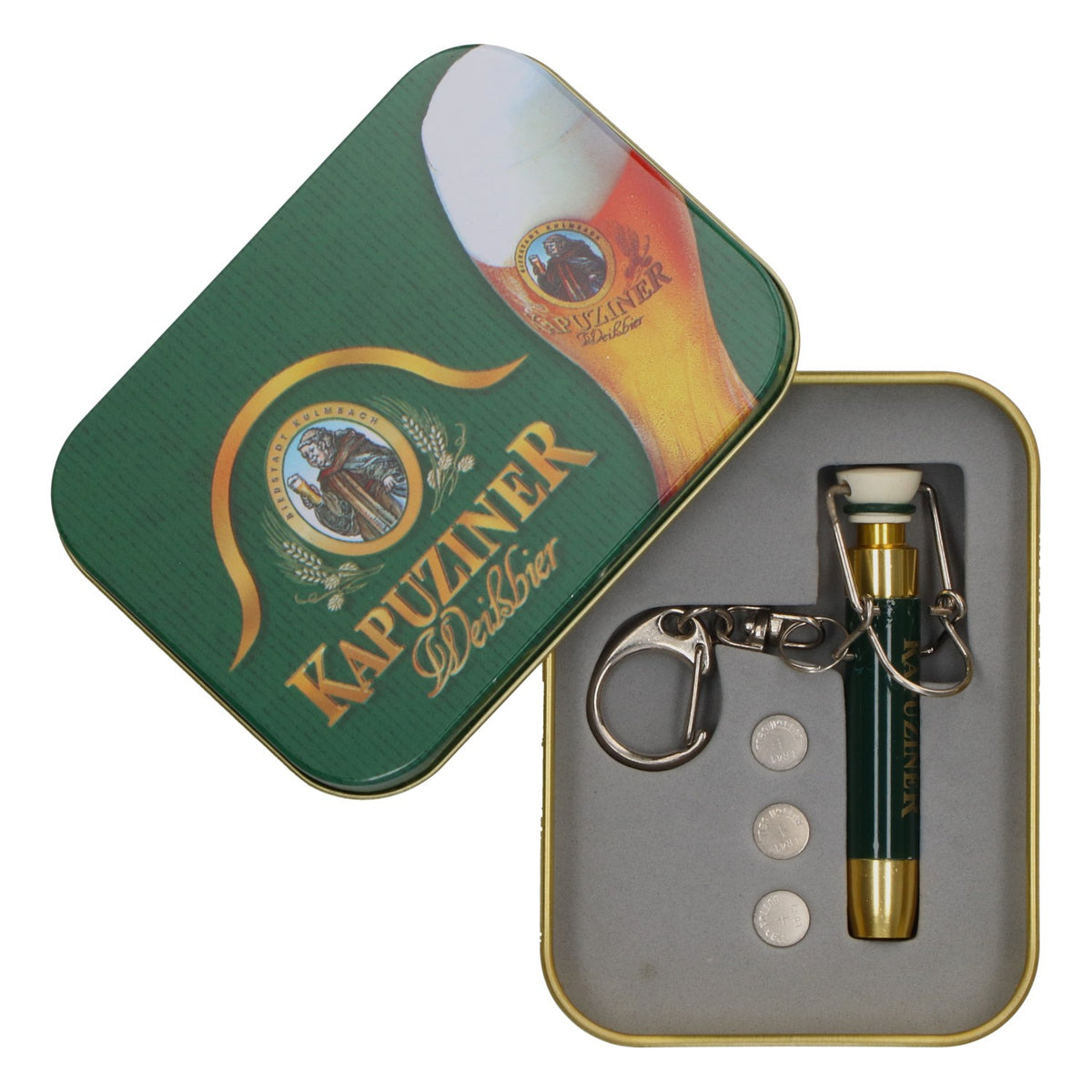 Kapuziner Beer Keychain Flashlight (LED, green) in a Tin Can