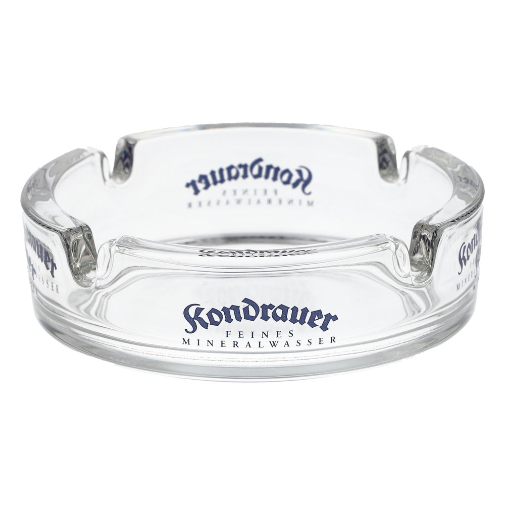 Kondrauer Glass Ashtray with Blue Logo, Transparent, Collectible, Bar