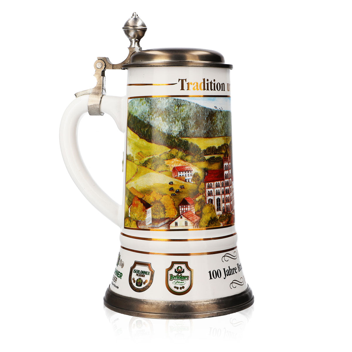 Krombacher beer glass stoneware mug with pewter lid, 1.09 l, "100 Years" mug – View 3