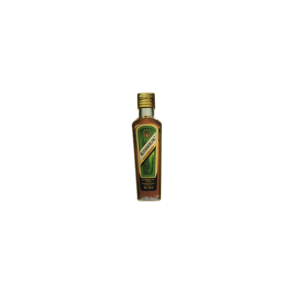 Kümmerling herbal liqueur pin badge, gold shot glass, reverse shirt advertisement