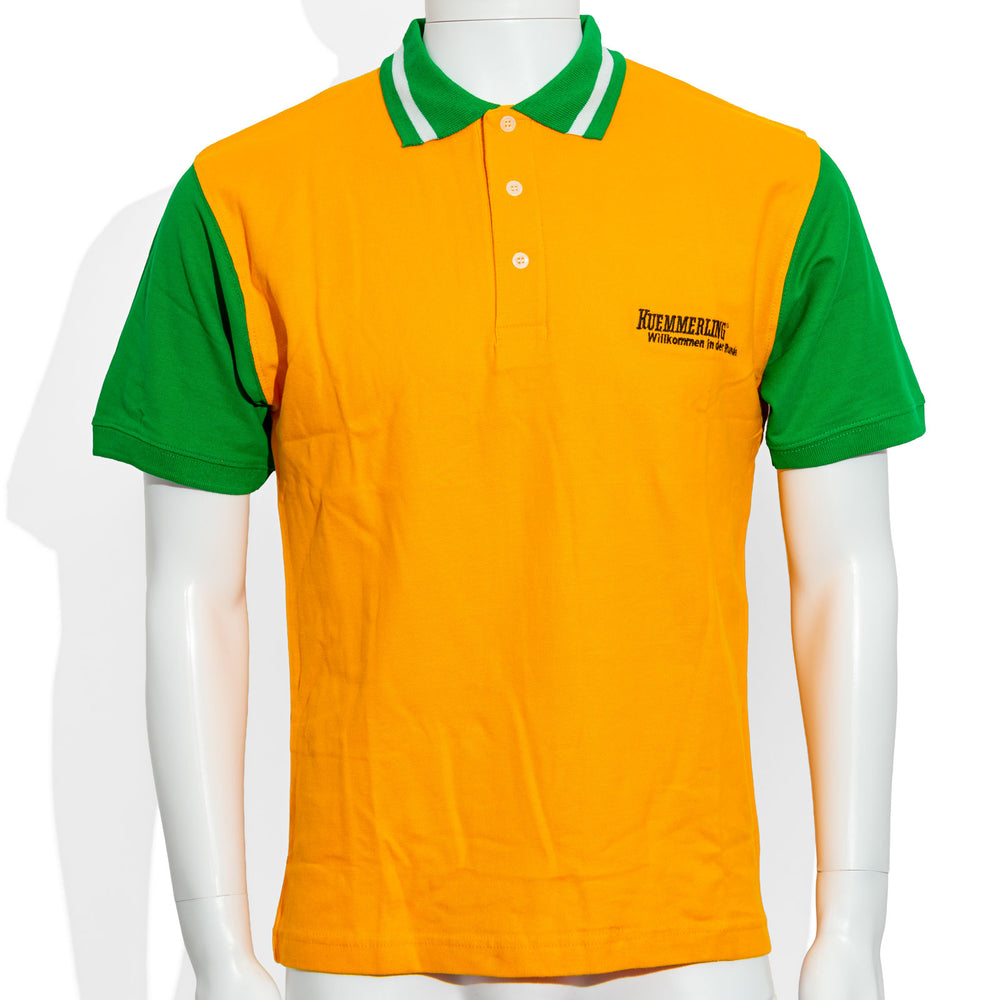 Kümmerling Liqueur Event Shirt with green sleeves and a green collar, Size M. Welcome to the Orange Circle