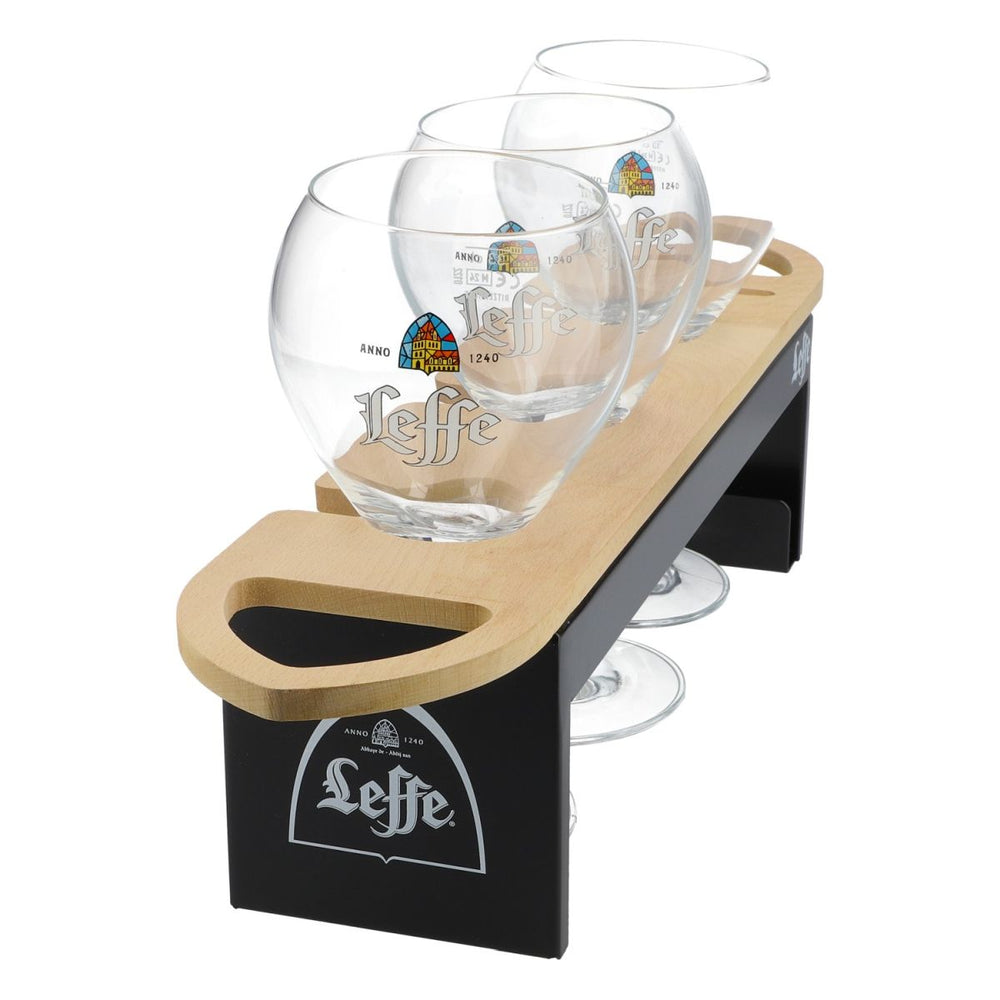 Leffe beer glass holder set including 3 glasses for bars and counters, made of real wood
