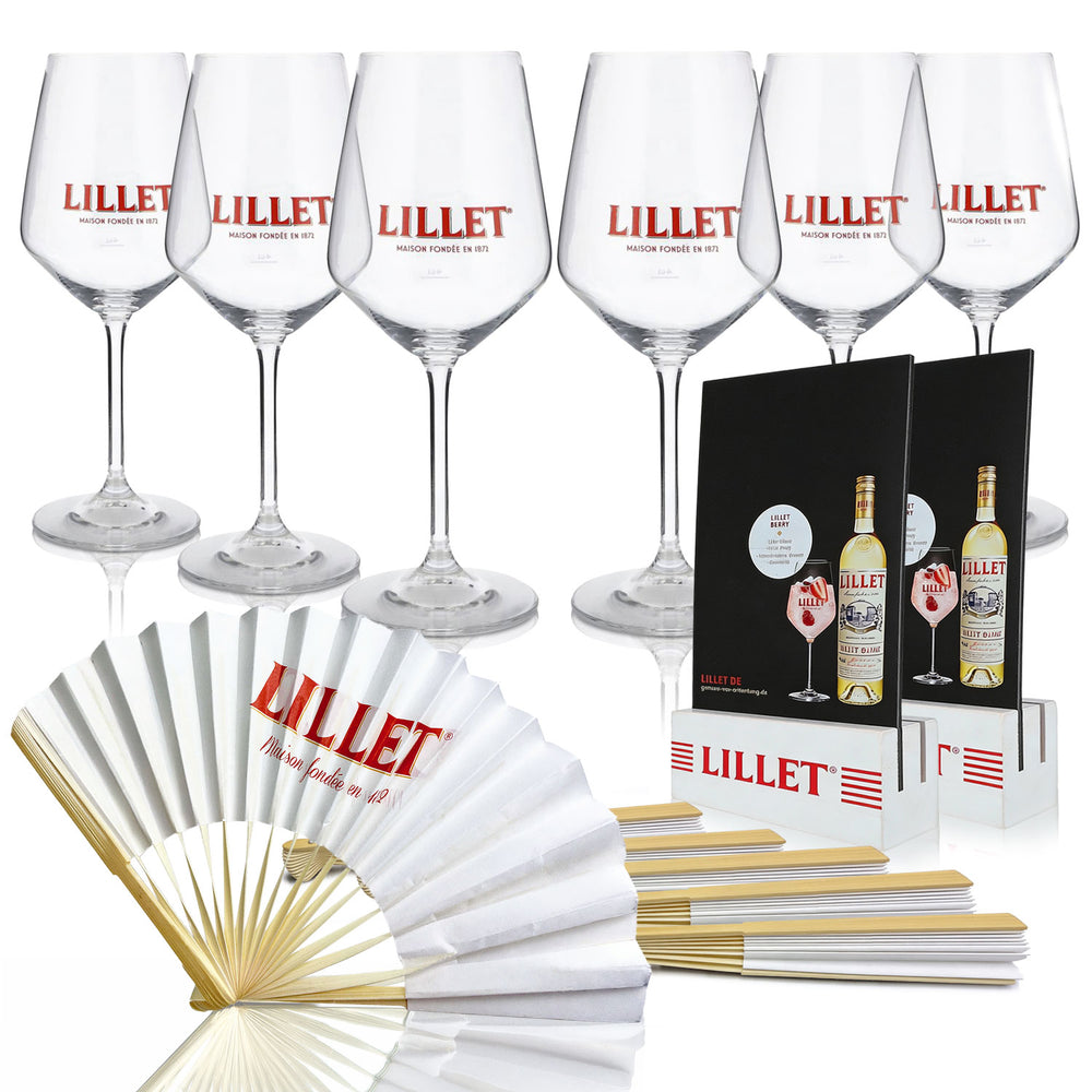 Lillet Bundle Fan II Set consisting of 2x table displays, 6x Lillet fans, and 6x Lillet glasses