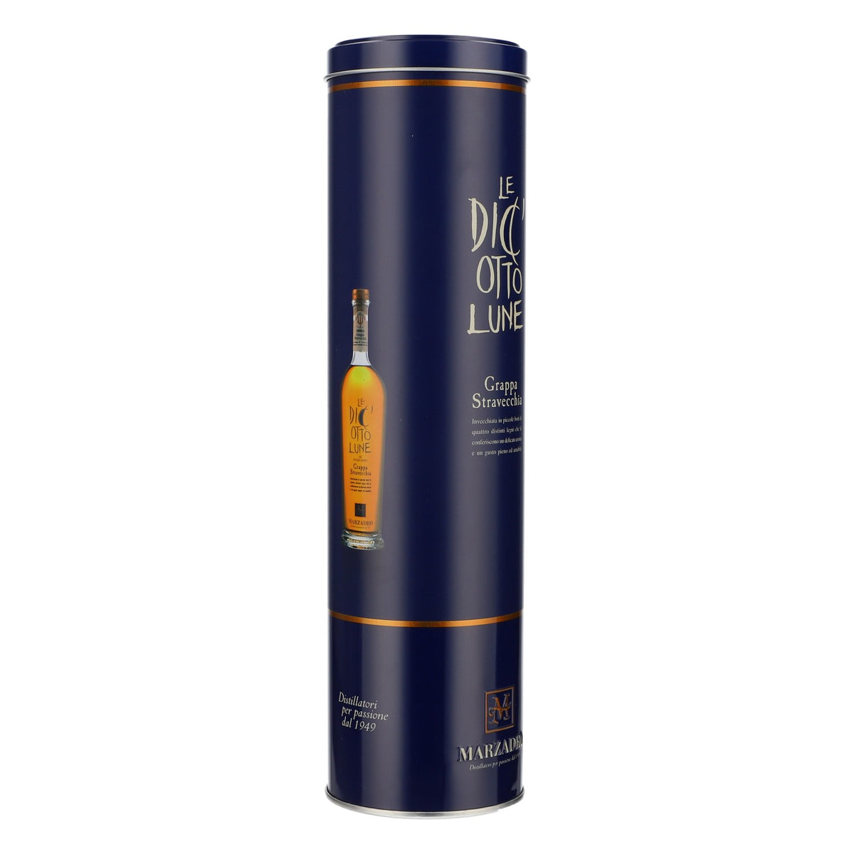 Marzadro Grappa Tin Can Bottle Packaging Blue Gift Packaging – View 2