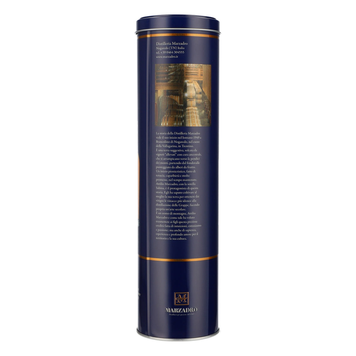 Marzadro Grappa Tin Can Bottle Packaging Blue Gift Packaging – View 3