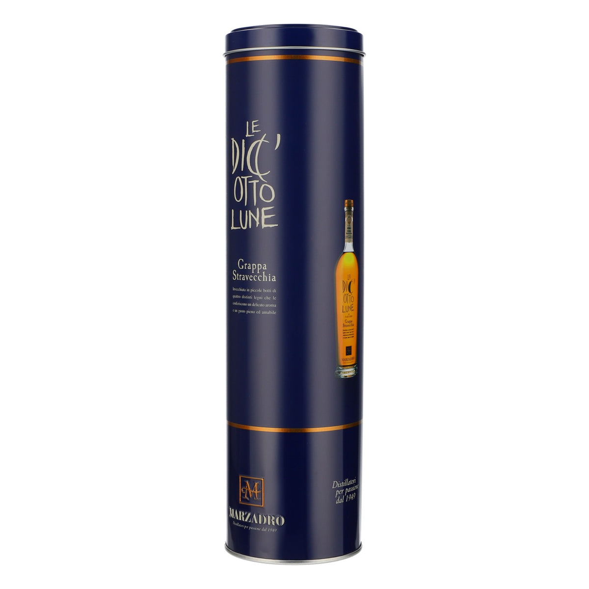 Marzadro Grappa Tin Can Bottle Packaging Blue Gift Packaging – View 4