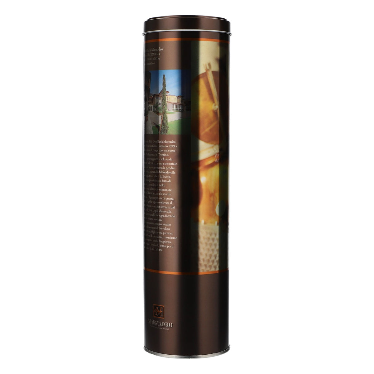 Marzadro Grappa Tin Can Bottle Packaging Gold Gift Packaging – View 3