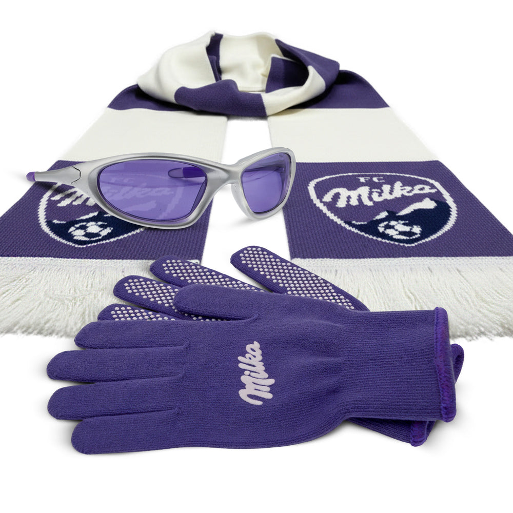 Milka Chocolate Leisure Bundle Set consisting of sunglasses, gloves, and wool scarf