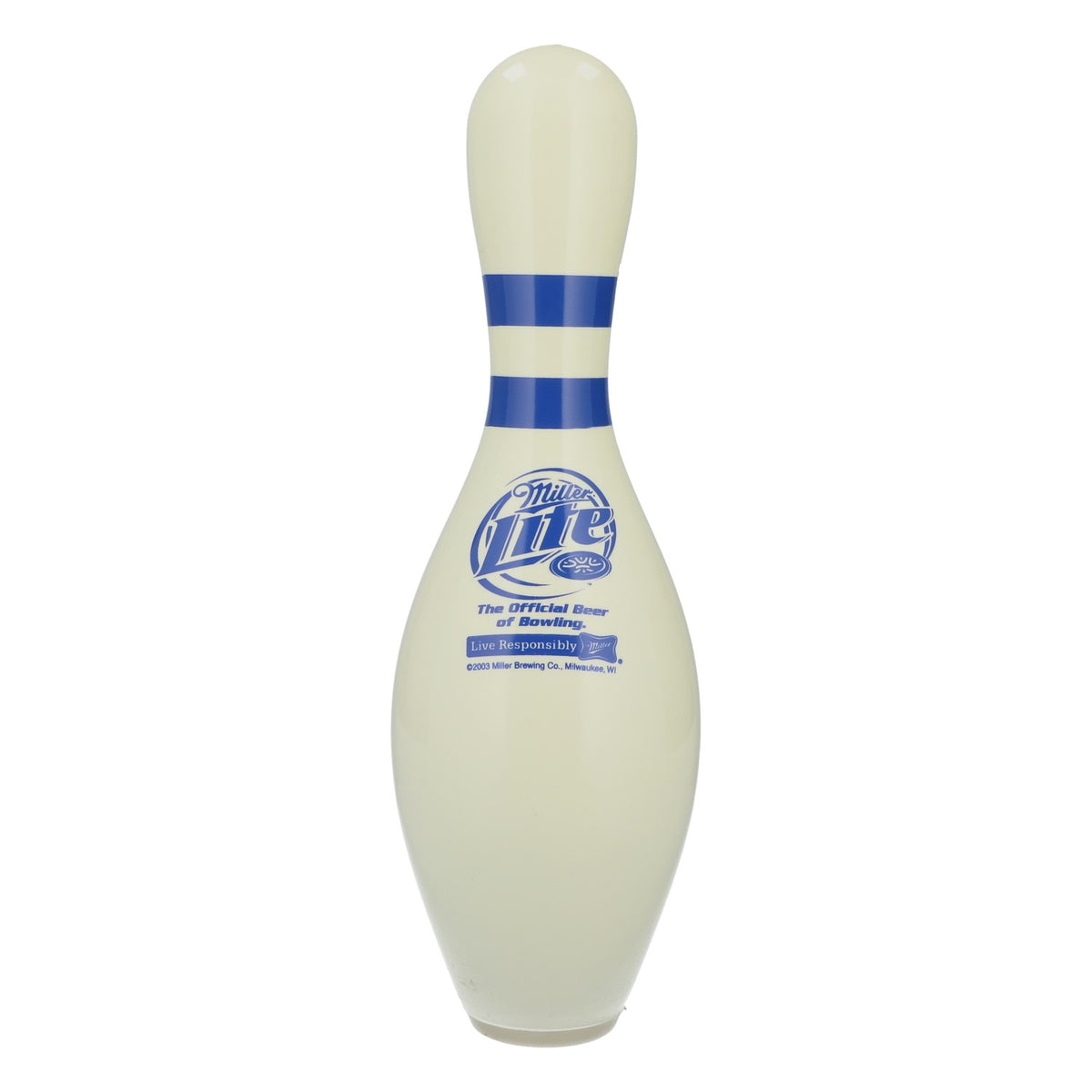 Miller Lite Beer Bowling Pin, Wood, White with Blue Logo, Decorative, Collectible, Bar