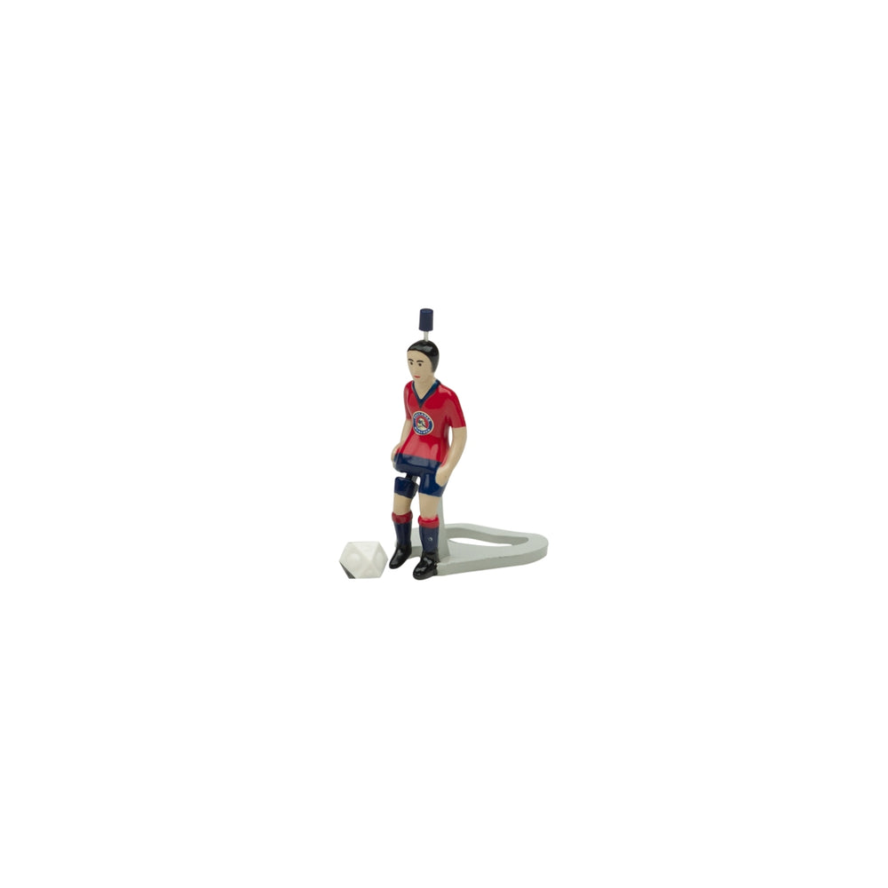 Paulaner beer bottle opener Tipp Kick figure with ball, red player jersey, brewer