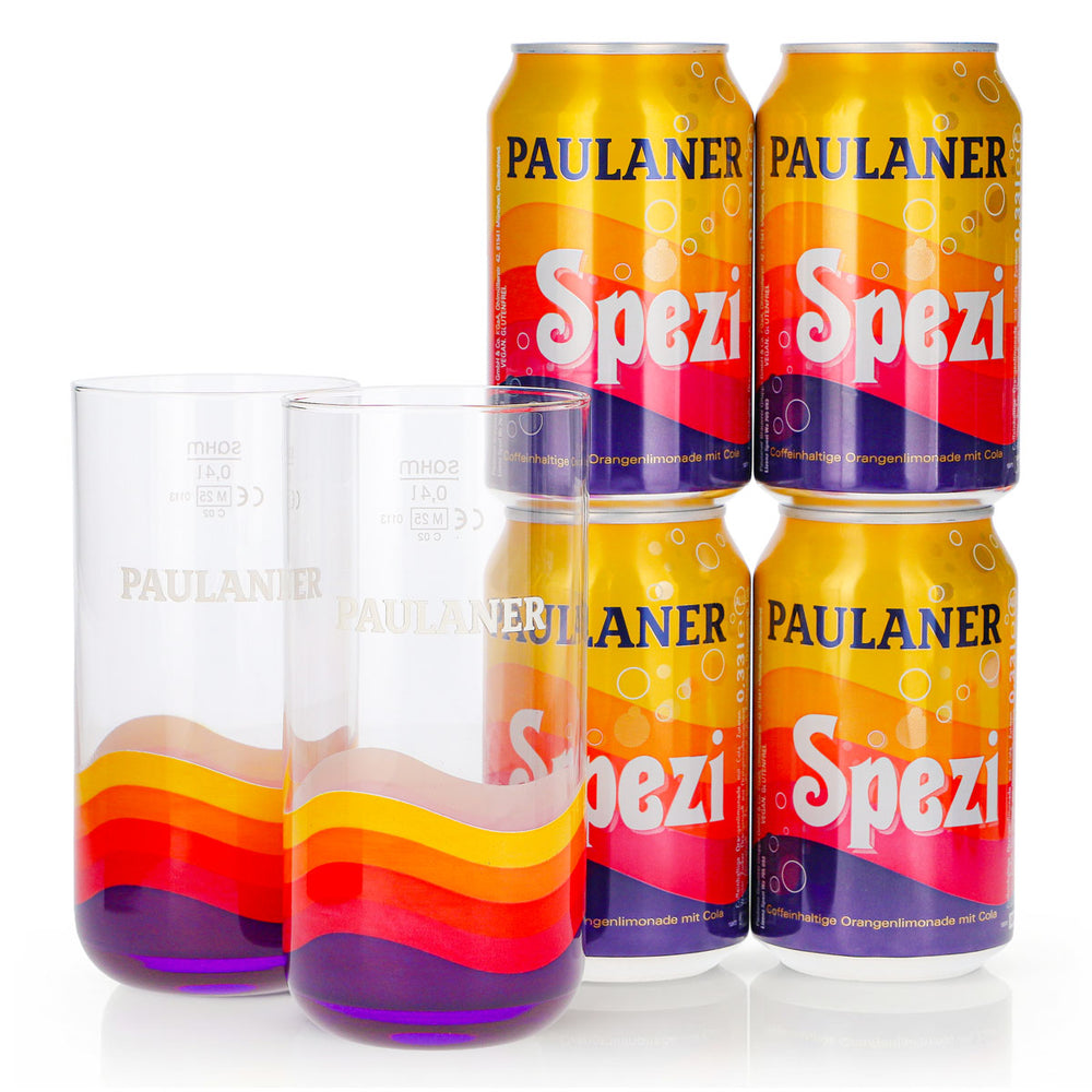 Paulaner Spezi Gift Set, 6-piece bundle: 2 0.4-liter glasses + 4 0.33-liter cans