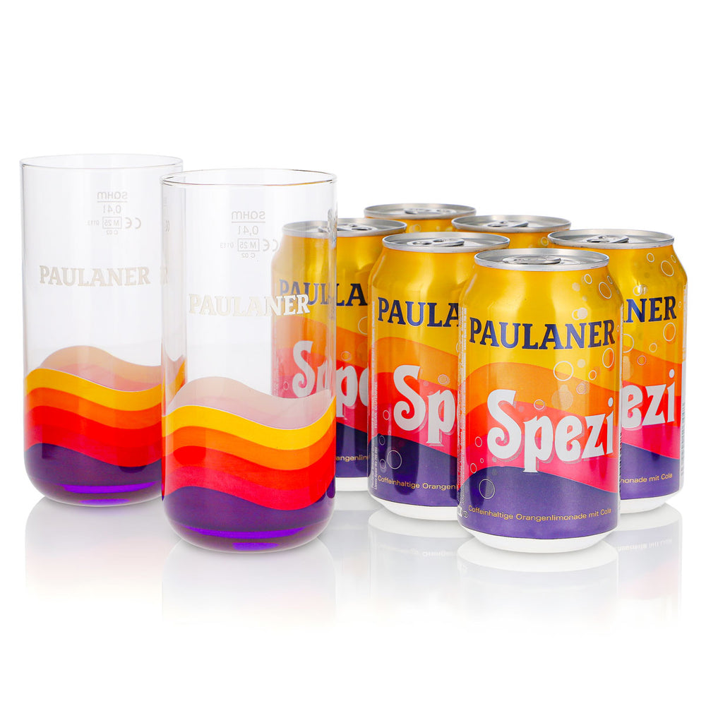 Paulaner Spezi Gift Set, 8-piece bundle: 2 0.4-liter glasses + 6 0.33-liter cans