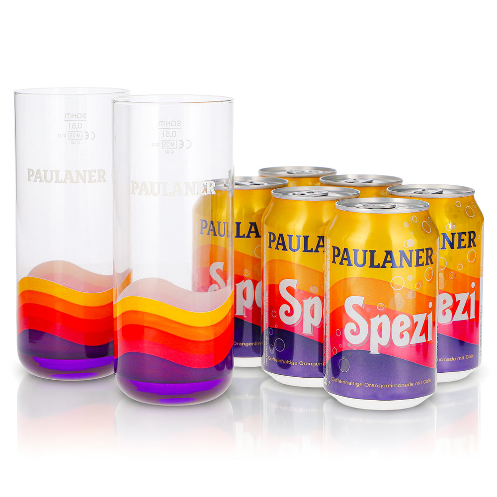 Paulaner Spezi Gift Set, 8-piece bundle: 2 0.5-liter glasses + 6 0.33-liter cans