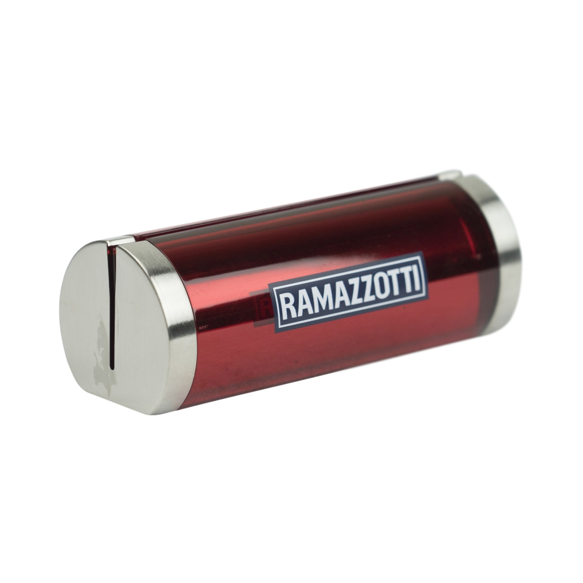 Ramazzotti liqueur table display, red stainless steel card holder, menu board, logo