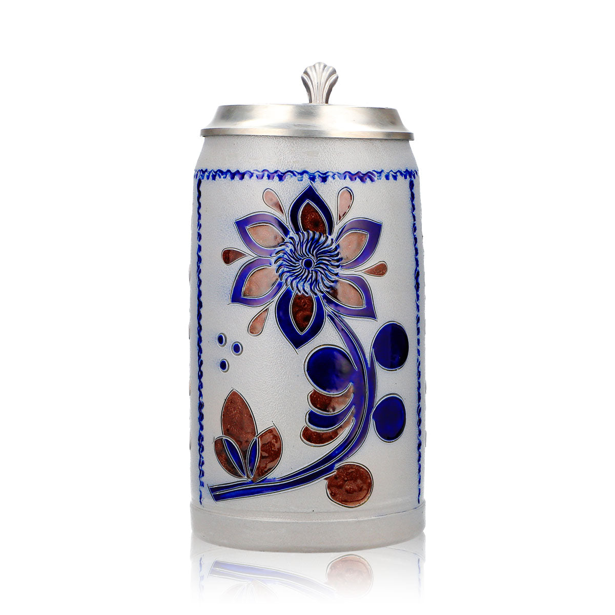 Rastal Beer Glass Stone Jug, 1.16 L, with Pewter Lid, Blue/Brown Floral Earthenware