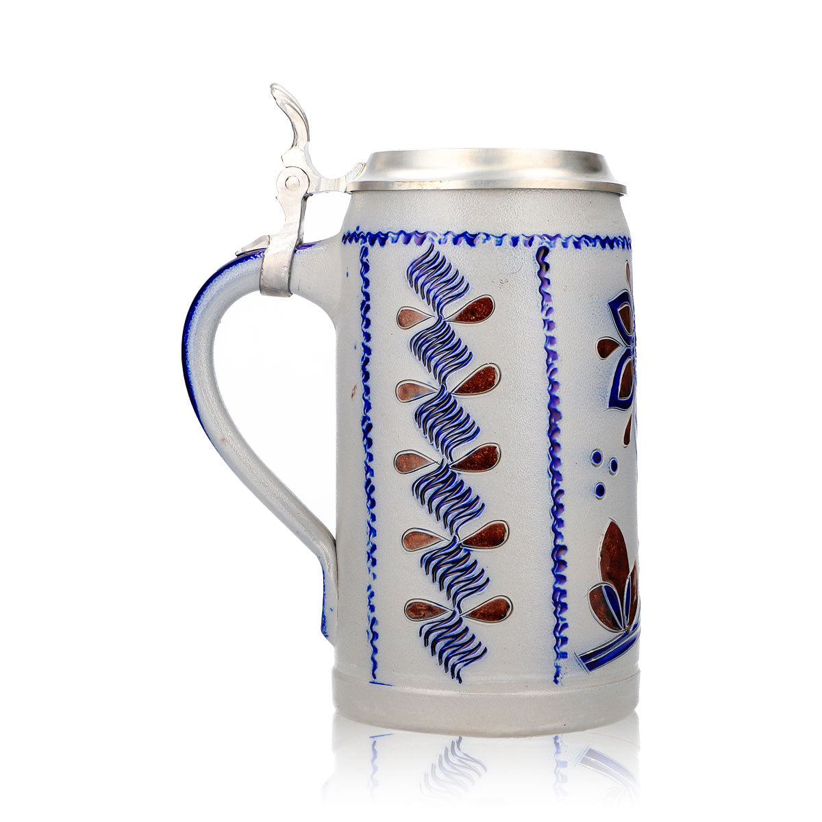 Rastal Beer Glass Stone Jug, 1.16 L, with Pewter Lid, Blue/Brown Floral Earthenware – View 3