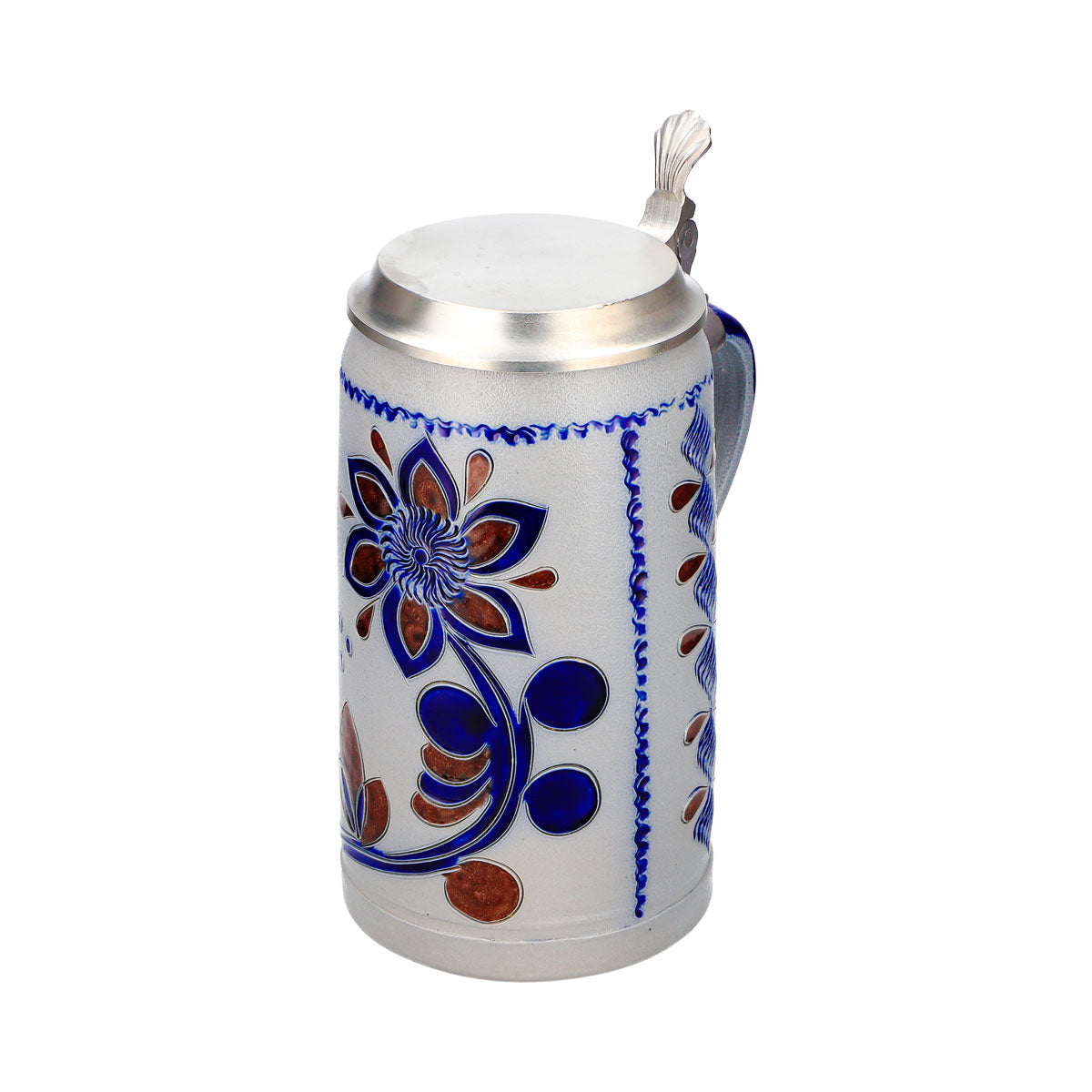 Rastal Beer Glass Stone Jug, 1.16 L, with Pewter Lid, Blue/Brown Floral Earthenware – View 6