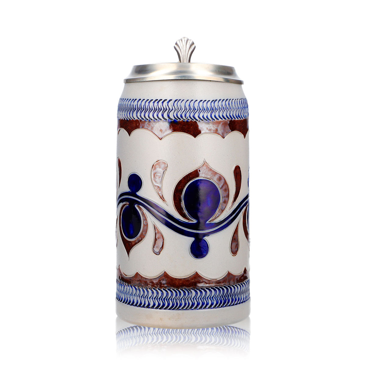 Rastal Beer Glass Stone Jug 1.18 L with Pewter Lid, Blue Horizontal Pattern, Stoneware